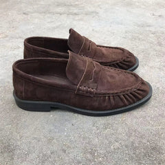 Bruine mocassins voor dames in suèdelook met geplooide stiksels, Chocoladebruin