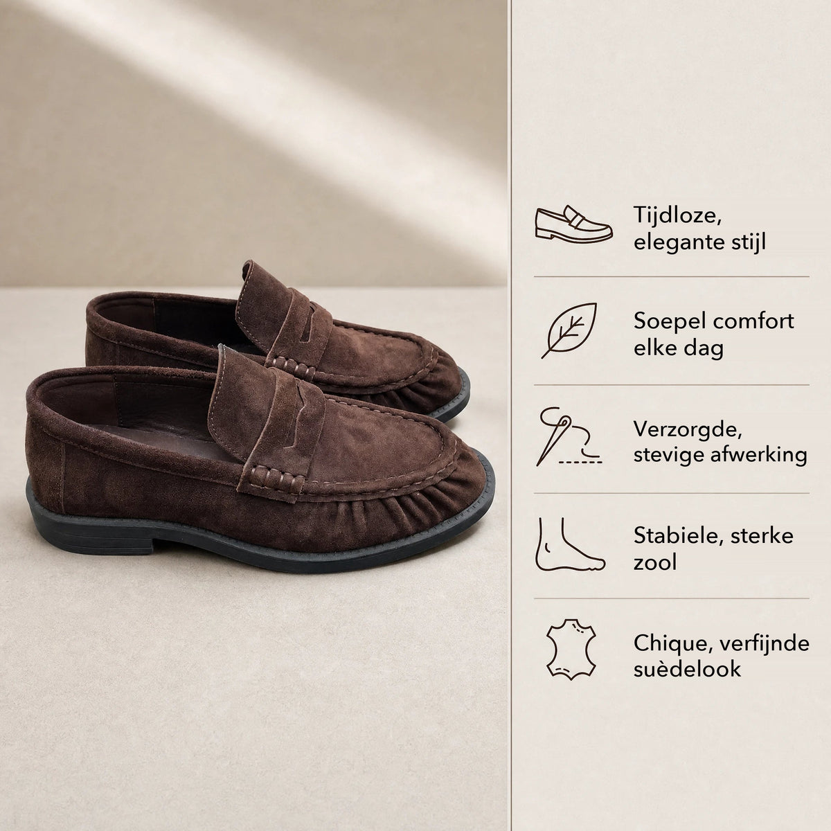 Bruine mocassins voor dames in suèdelook met geplooide stiksels, achterkant