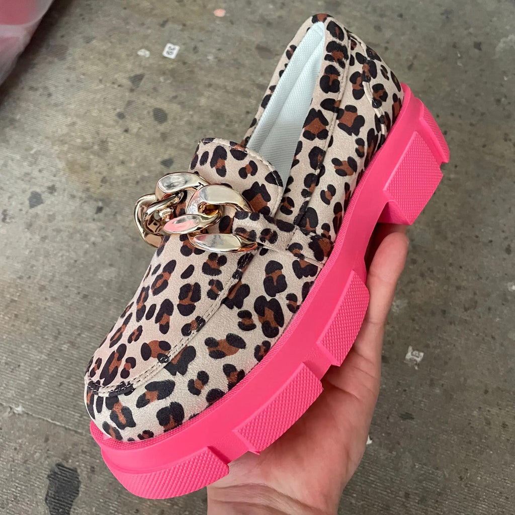 Trendy luipaardprint loafers met dikke roze zool voor dames