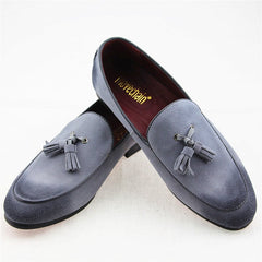 Klassieke zachte suède loafers met kwastjes voor heren, Grijze