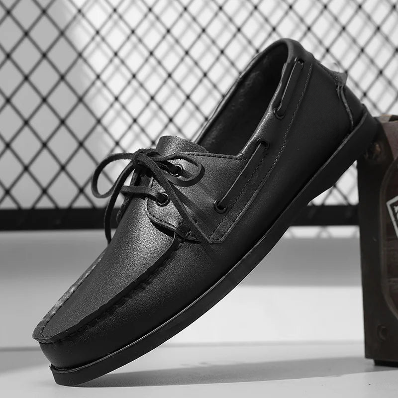 Zwarte heren bootschoenen met veters in leerlook - detail 6