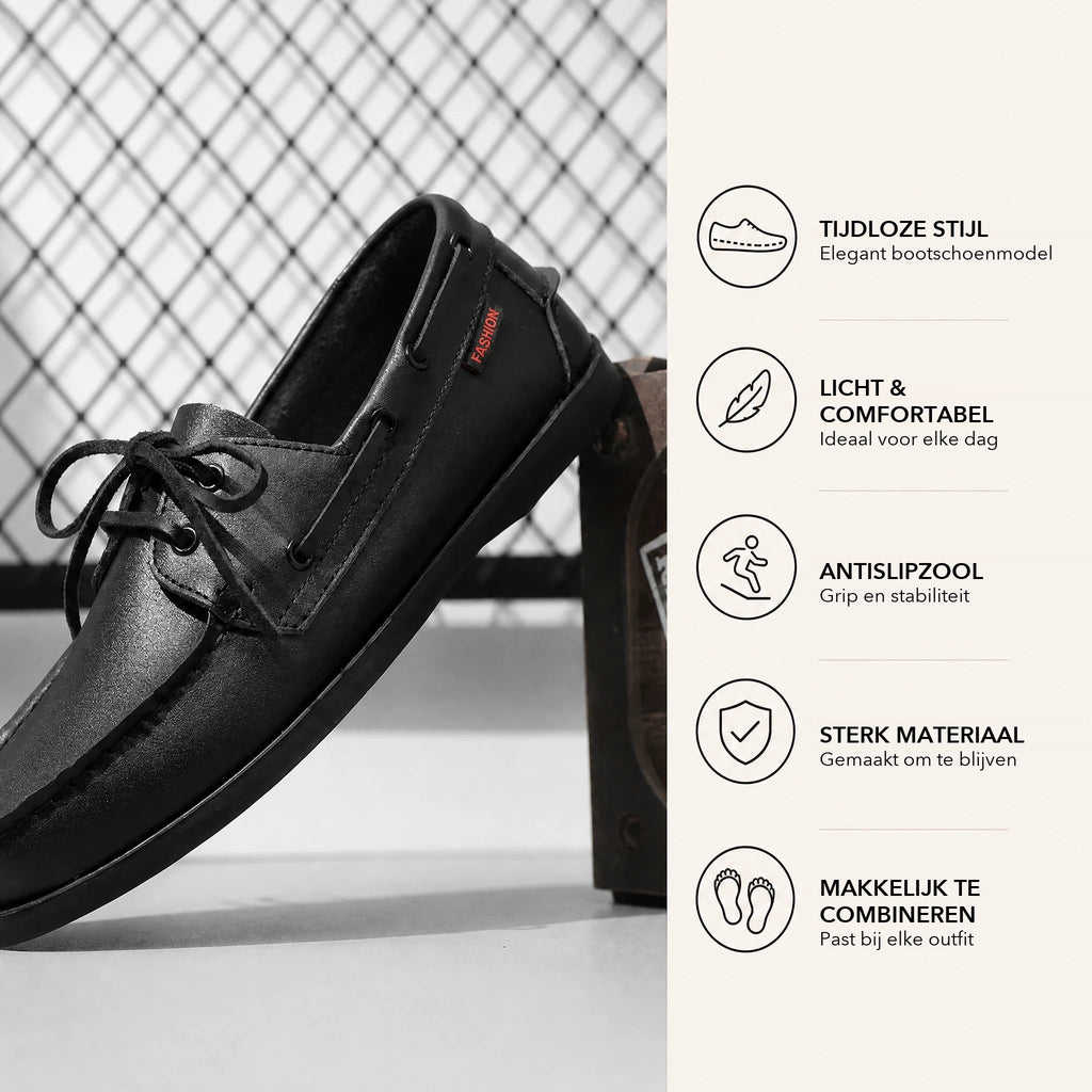 Zwarte heren bootschoenen met veters in leerlook - detail 5