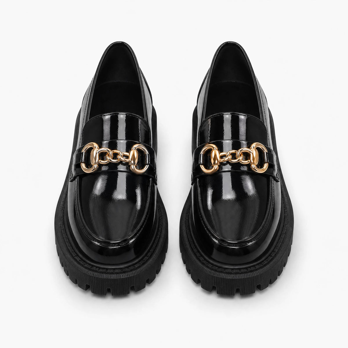 Zwarte plateauloafers met gouden kettinkje voor dames - afbeelding 1