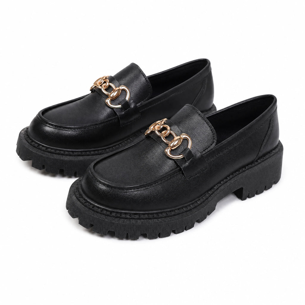 Zwarte plateauloafers met gouden kettinkje voor dames - afbeelding 5