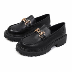 Zwarte plateauloafers met gouden kettinkje voor dames, Mat zwart