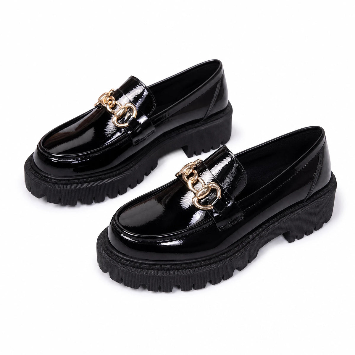 Zwarte plateauloafers met gouden kettinkje voor dames - afbeelding 6