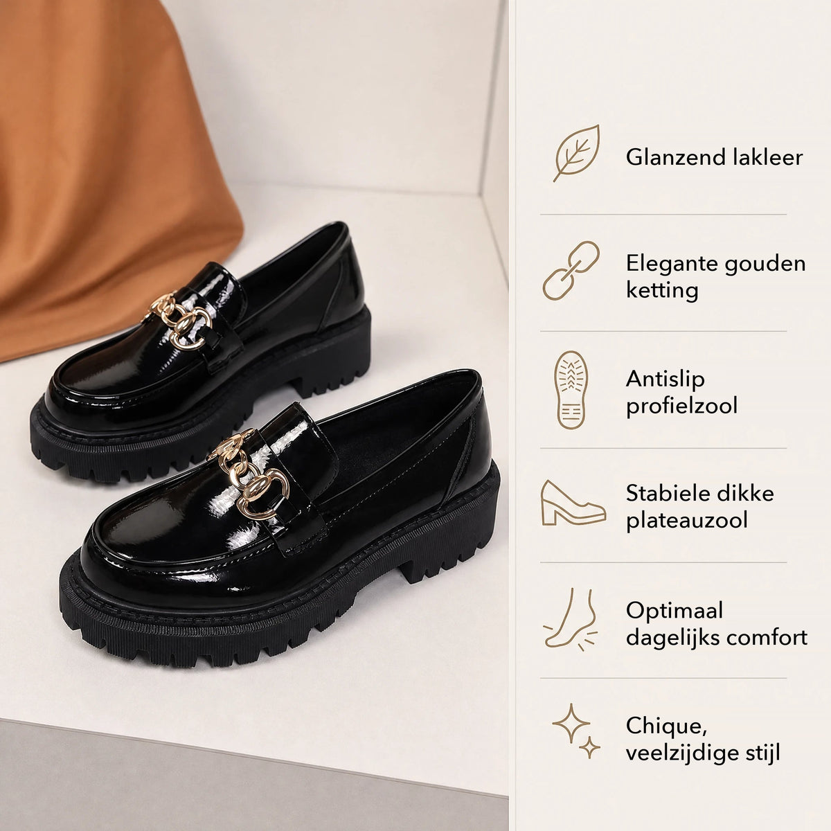 Zwarte plateauloafers met gouden kettinkje voor dames - afbeelding 7 Afbeelding