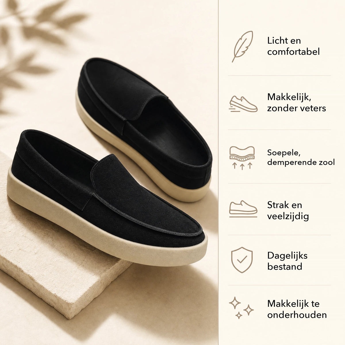 Zwarte suède loafer met dikke zool in taupe, achterkant