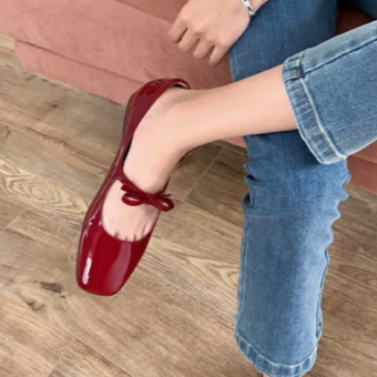 Ballerina's voor dames, glanzend leren vierkant, Mary Jane